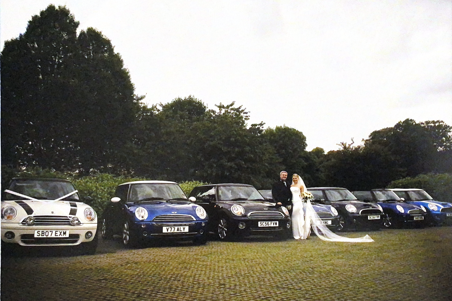 A line of seven MINI cars parked on a grass-covered area outdoors, with two people in wedding attire standing beside a dark-coloured MINI in the centre. One white MINI at the left is decorated with wedding ribbons across the bonnet.